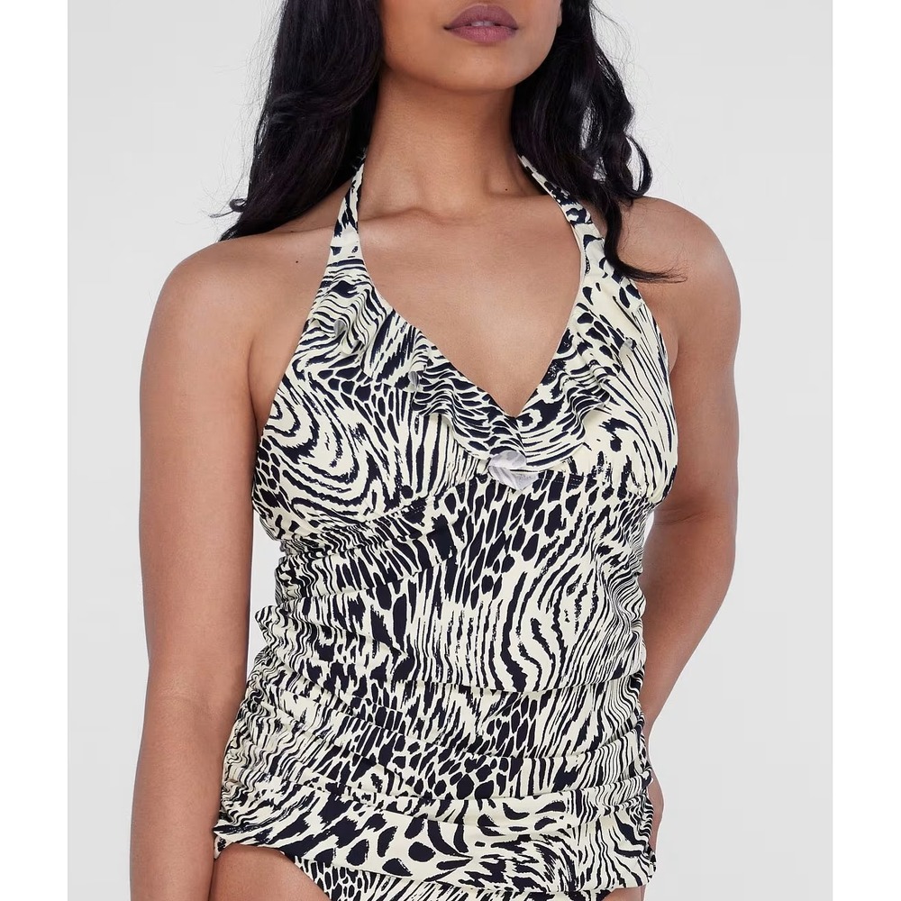 Birdsong Size 38G Animal Leopard Luxe Ruffle Halter Underwire Tankini Swim Top